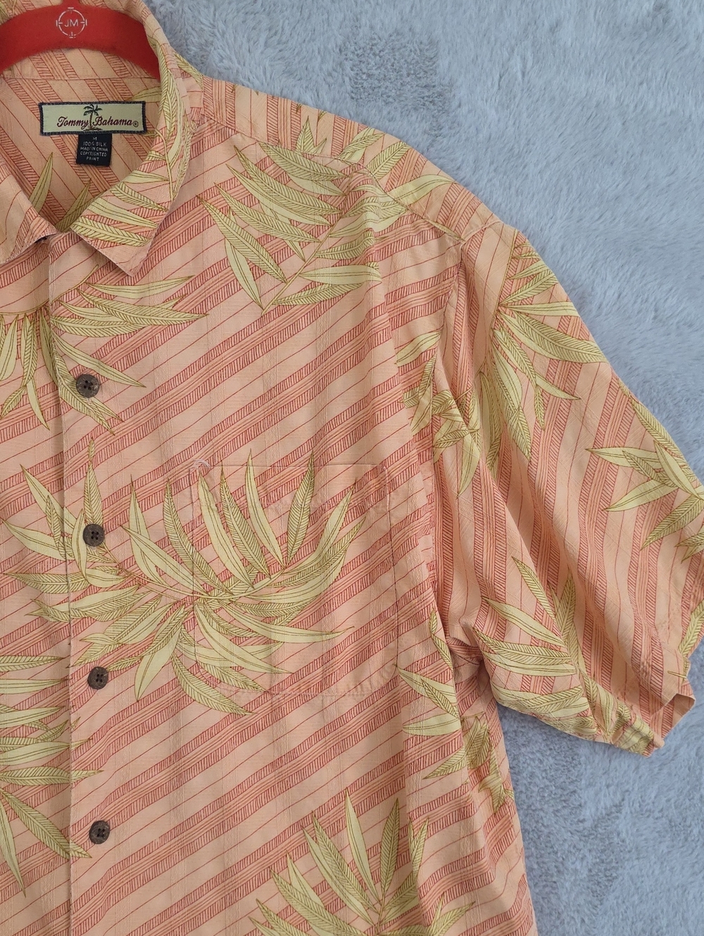 Tommy Bahama 100% Silk Hawaiian Camp Shirt Men's Medium Peach Palm Leaf Tropical - Picture 2 of 10
